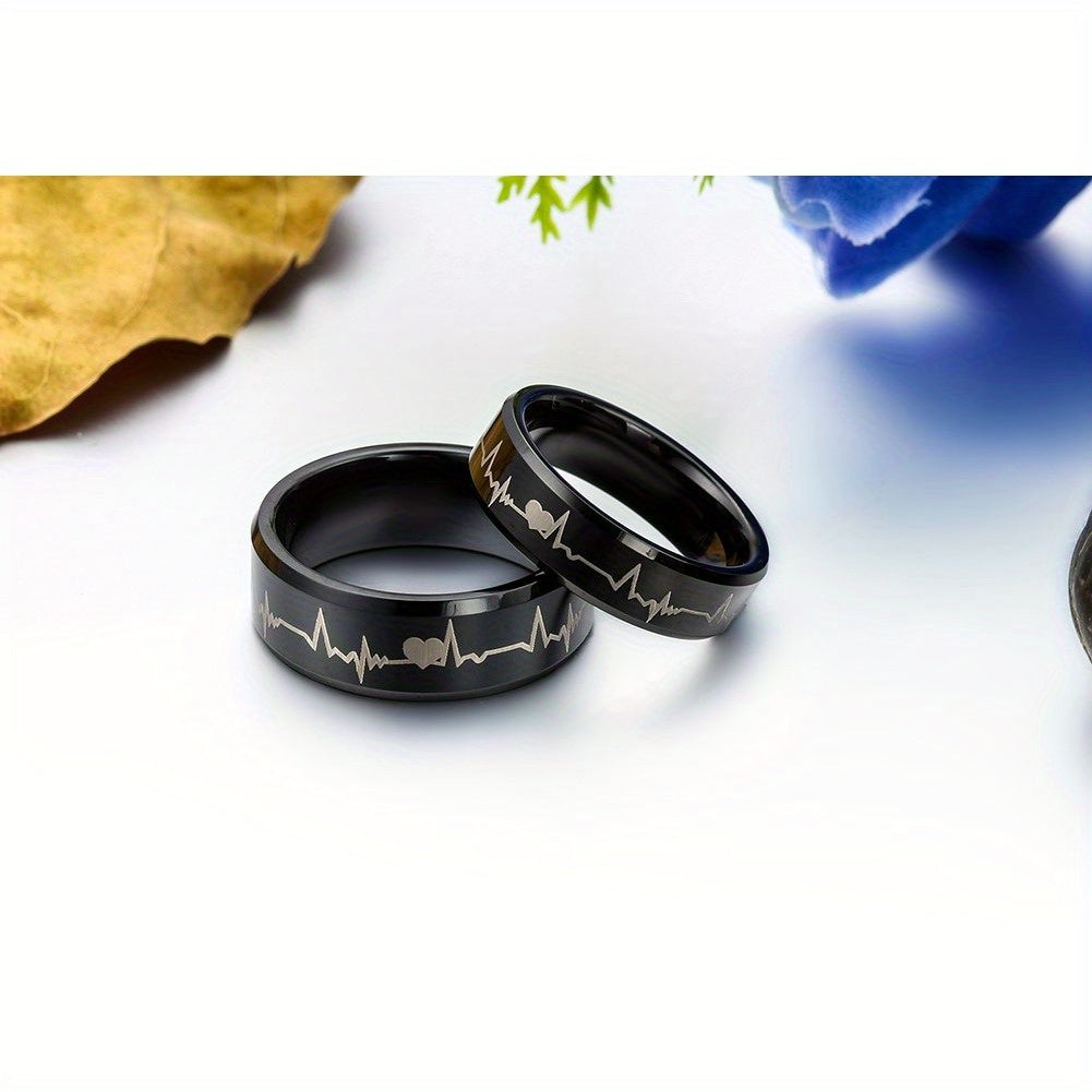 Anello di coppia JewelryWe in carburo di tungsteno con cuori e battito cardiaco, anelli per partner, anelli 'amicizia, fedi nuziali, anelli di fidanzamento, fascia, nero