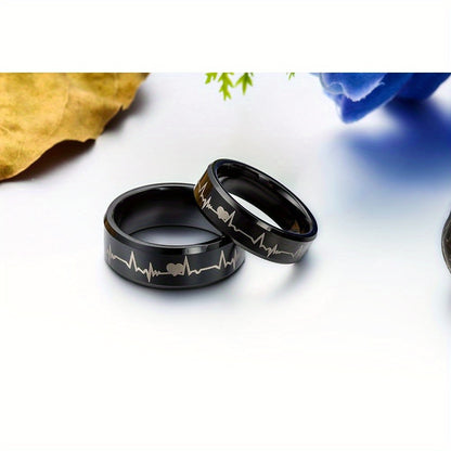 Anello di coppia JewelryWe in carburo di tungsteno con cuori e battito cardiaco, anelli per partner, anelli 'amicizia, fedi nuziali, anelli di fidanzamento, fascia, nero