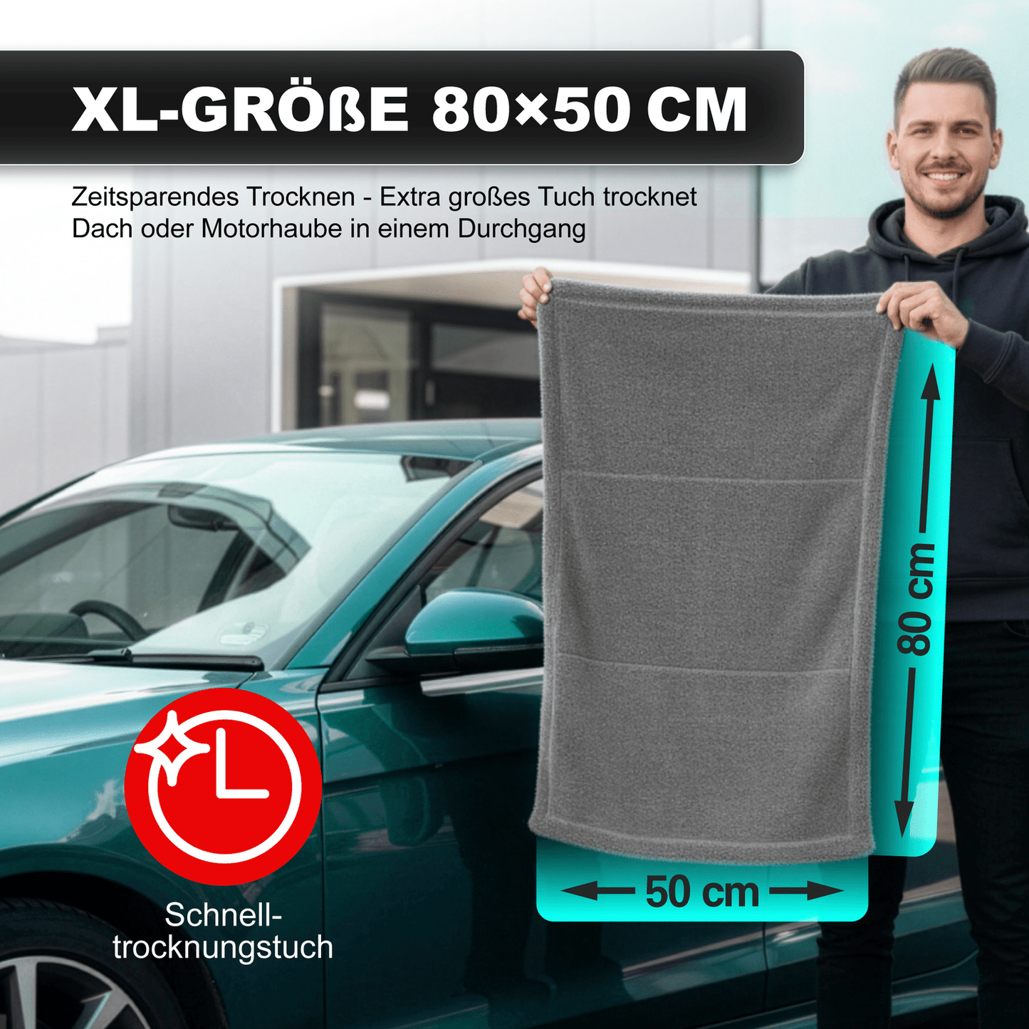 Asciugamano per auto 50X80 cm 1600 GSM - Microfibra premium grande, senza macchie e graffi, asciugatura rapida, double-face