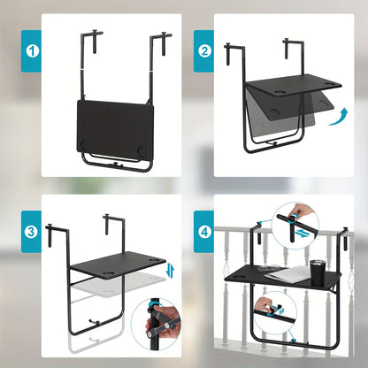 1 pz Tavolo da patio per mobili da esterno, tavolo pieghevole, tavolo da campeggio, tavolo sospeso per balcone con scanalature per posizionare bicchieri d'acqua, tavolo sospeso stabile per ringhiera del balcone, tavolo pieghevole, 3 livelli di altezza, pi