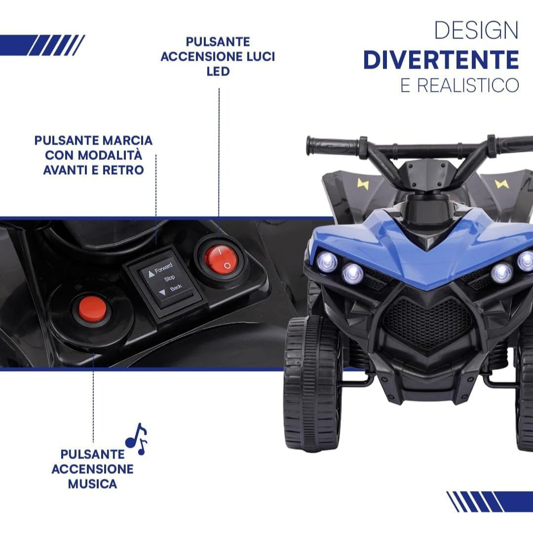 Baroni Toys Quad Elettrico per Bambini 3+ anni con Manubrio Sterzante, Musica e Luci Funzionanti, Quad con Modalità Avanti/Retro, Facile da Montare, 70x42x45 cm
