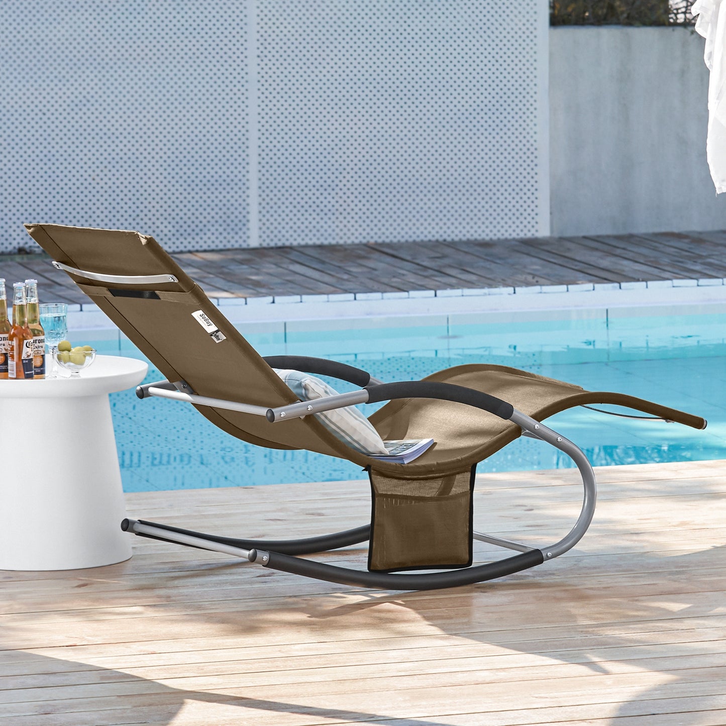 1 Pezzo Lettino Prendisole Lettino da Giardino Sdraio Relax Sedia a Dondolo da Esterno con Cuscino Poggiatesta Superficie Ergonomica Tessuto Resistente agli Agenti Atmosferici Struttura in Metallo Tasca Laterale Portata Massima 150 kg Terrazza Balcone Gia