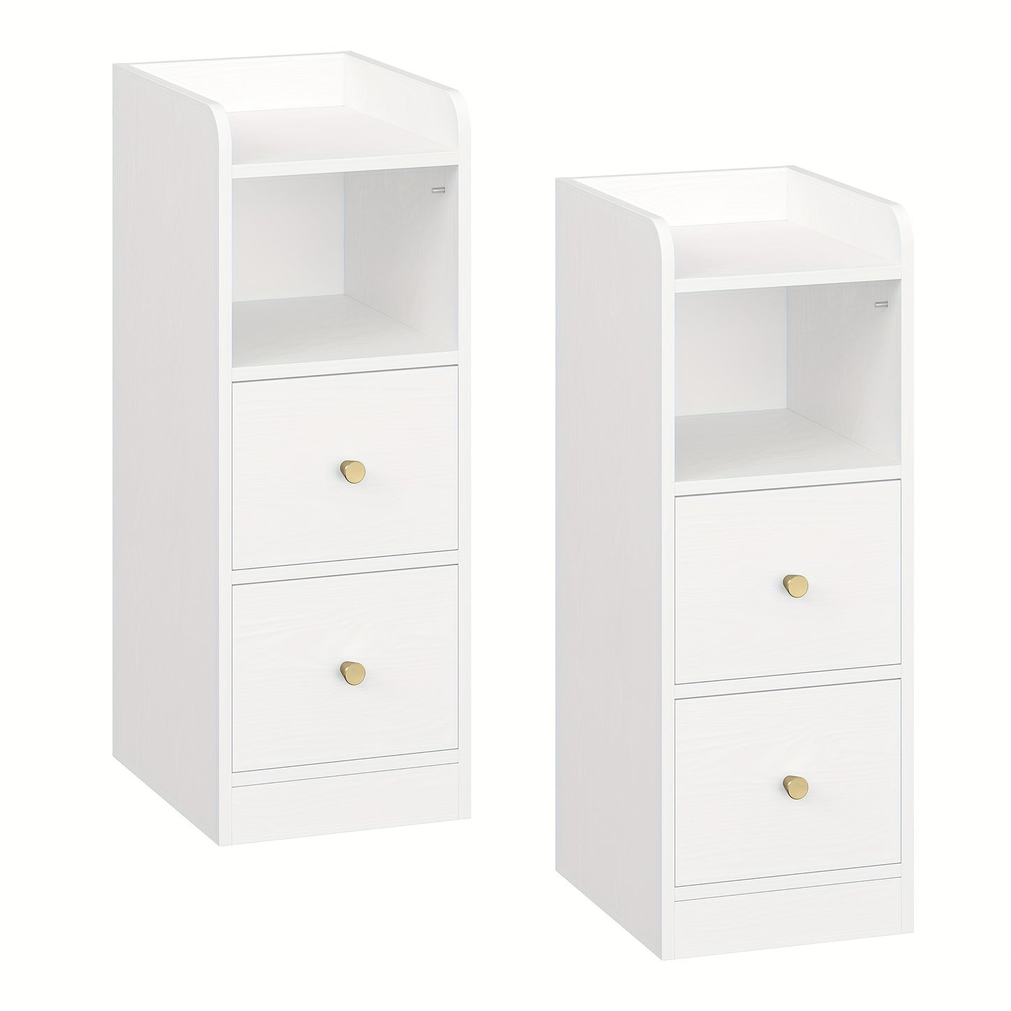 Set di 2 comodini, comodino stretto con 2 cassetti, scomparto aperto sul comodino, posizioni dei cassetti regolabili, adatto per camera da letto, soggiorno, 30 x 24 x 65 cm, bianco, NS62213X