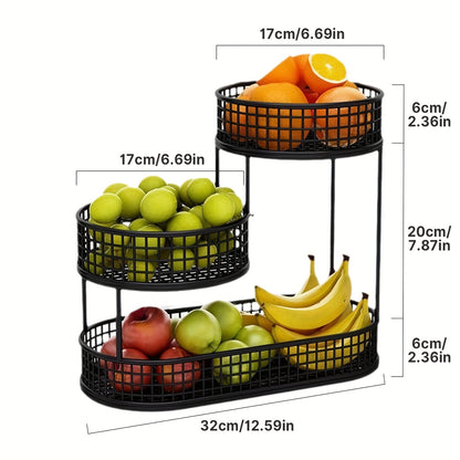 Cesto per frutta in metallo nero a tre strati di grande capacità - Organizzazione efficiente della cucina - Perfetto per frutta, verdura, pane, snack, la scelta migliore per Natale, ideale per il Ringraziamento