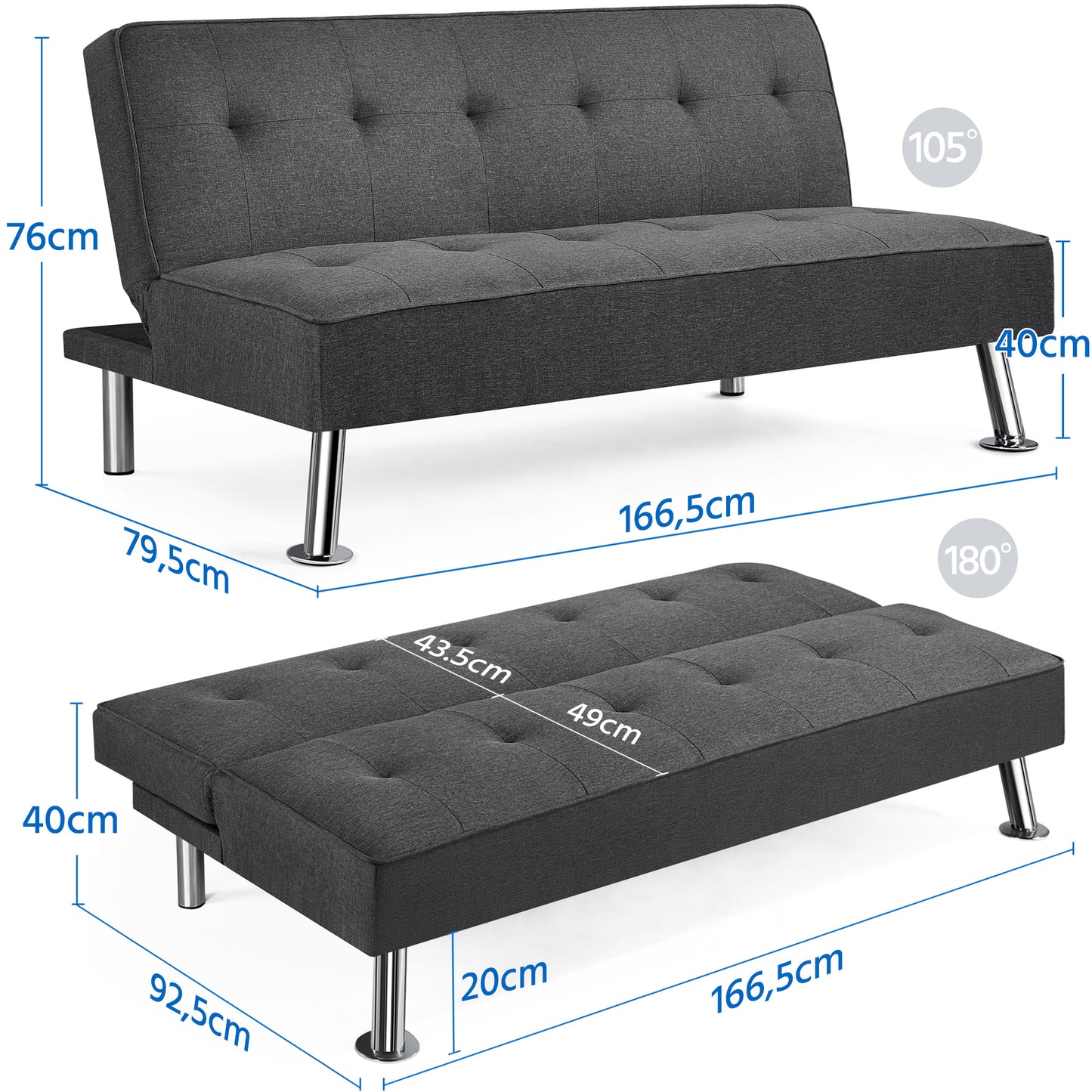 Costoffs Divano Letto a 3 Posti Divano Letto in Tessuto Imbottito con Gambe in Metallo Cromato 105° - 180° per Soggiorno Studio Ufficio Camera degli Ospiti Carico Massimo 350 kg