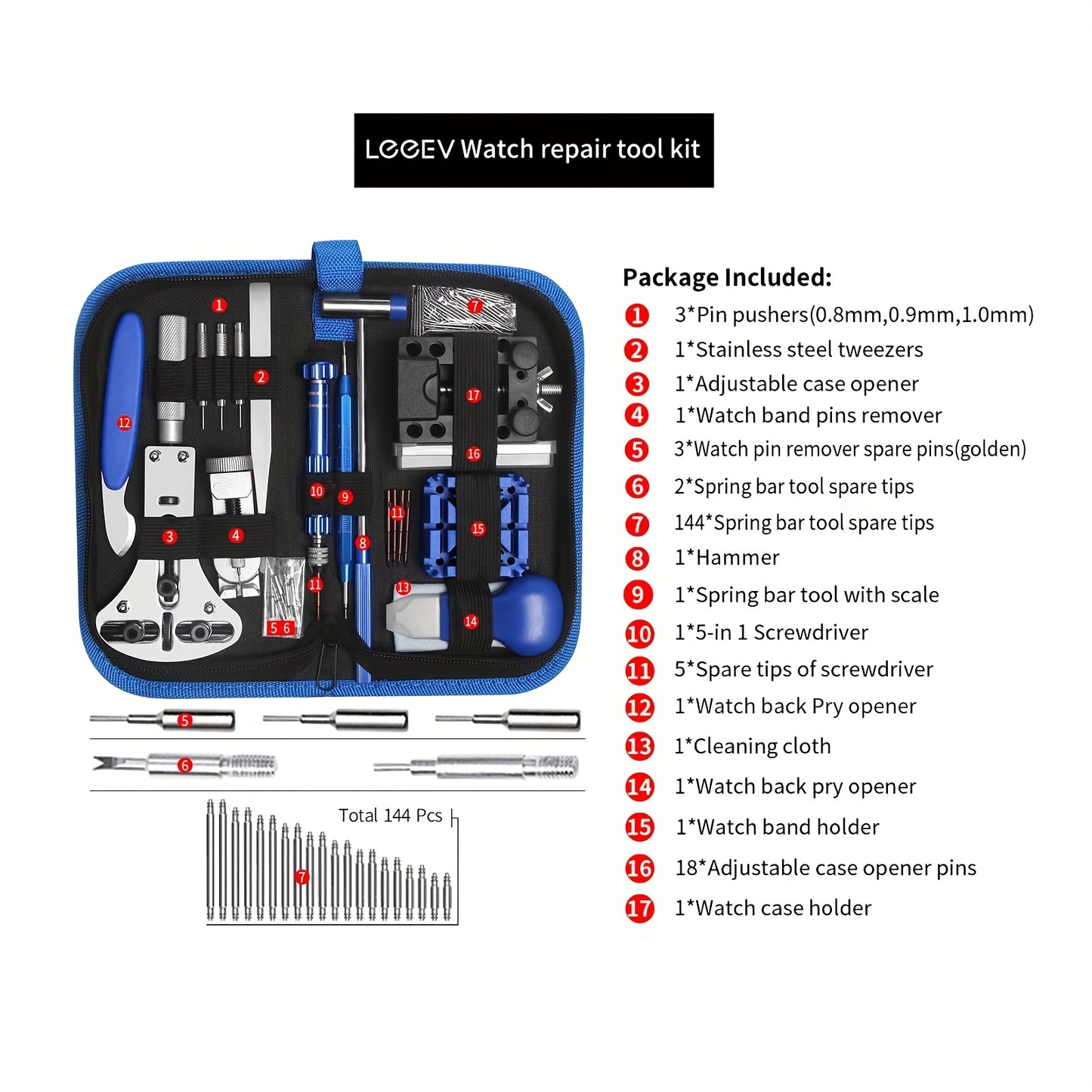 LEEEV Kit di Sostituzione Batteria Orologio 185 Pezzi, Kit Strumenti Orologio 185 Pezzi, Kit Riparazione Orologi, Cacciavite, Apri-coperchio Orologio, Pinzette, Spingi-molla, con Custodia Portatile