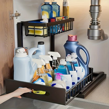 1 pz. Scaffale estraibile a doppio strato da posizionare sotto il lavandino, mensola multifunzionale in acciaio al carbonio per cucina e bagno, adatta per organizer di articoli essenziali e prodotti per la pulizia - Nero/Bianco