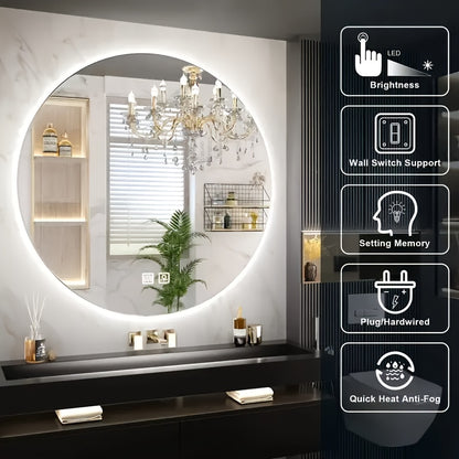 Specchio da bagno grande circolare retroilluminato con un diametro di 49,99 centimetri, adatto per hotel e uso domestico, inclusi i bagni. Viene fornito con un pulsante a pressione con funzione defogliante e un pulsante di illuminazione, imballaggio sicur