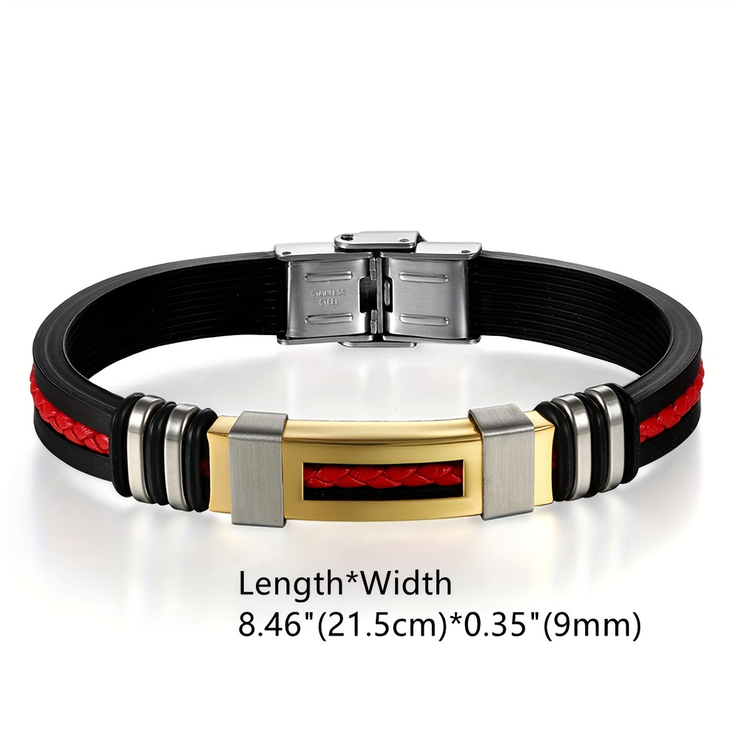 Braccialetto Uomo con Cinturino in Pelle Rossa Intrecciata e Silicone Nero - Design Sportivo Retro, Resistente e Comodo per Tutti i Giorni, Feste, Natale, San Valentino, Regalo per la Festa del Papà