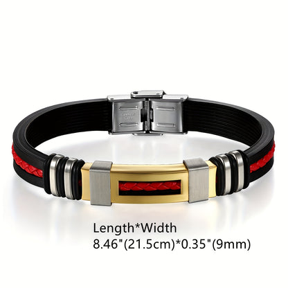 Braccialetto Uomo con Cinturino in Pelle Rossa Intrecciata e Silicone Nero - Design Sportivo Retro, Resistente e Comodo per Tutti i Giorni, Feste, Natale, San Valentino, Regalo per la Festa del Papà