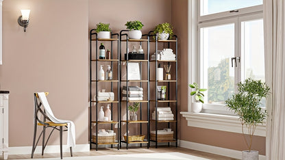 Libreria, Scaffale, Scaffale a Piedi, Libreria Stretta, Scaffale Angolare Industriale, Scaffale Sottile per Ufficio Domestico, Soggiorno, Camera da Letto, Cucina, 6 Ripiani Vintage Marrone-Nero