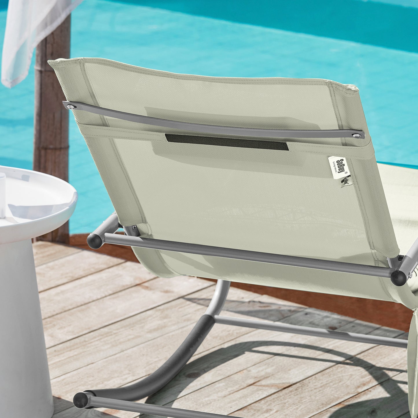 1 Pezzo Lettino Prendisole Lettino da Giardino Sdraio Relax Sedia a Dondolo da Esterno con Cuscino Poggiatesta Superficie Ergonomica Tessuto Resistente agli Agenti Atmosferici Struttura in Metallo Tasca Laterale Portata Massima 150 kg Terrazza Balcone Gia