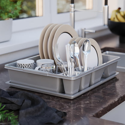 1 pz Cestello scolapiatti da cucina, scolapiatti, scolapiatti per lavello, grigio, con supporto inferiore per lavello, base vaschetta antigoccia, drenaggio rapido, robusto e durevole, adatto per scolare piatti, bacchette e cucchiai