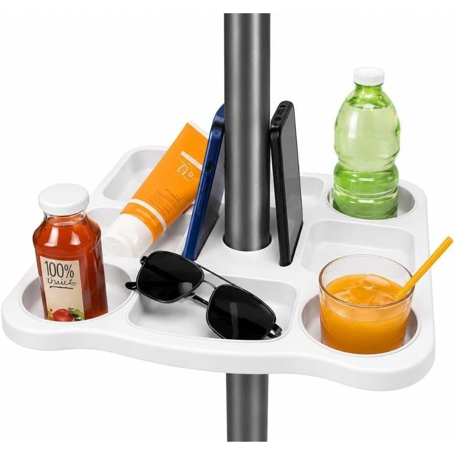 Cecaro Group Tavolino Porta Oggetti per Ombrellone 35x35 cm – Tavolo Universale con Morsetto Regolabile 22-40 mm – Ideale per Mare, Spiaggia, Giardino e Piscina