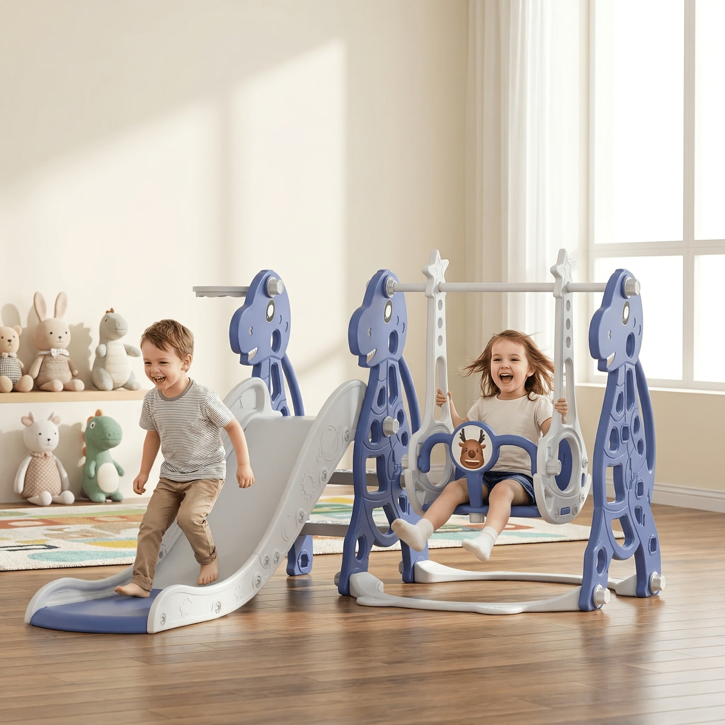 Scivolo per bambini 4 in 1, scivolo per bambini con altalena e canestro da basket, lunghezza scivolo 145 cm, parco giochi multifunzionale per bambini, utilizzabile in interni ed esterni, con pedane e poggiapiedi extra larghi