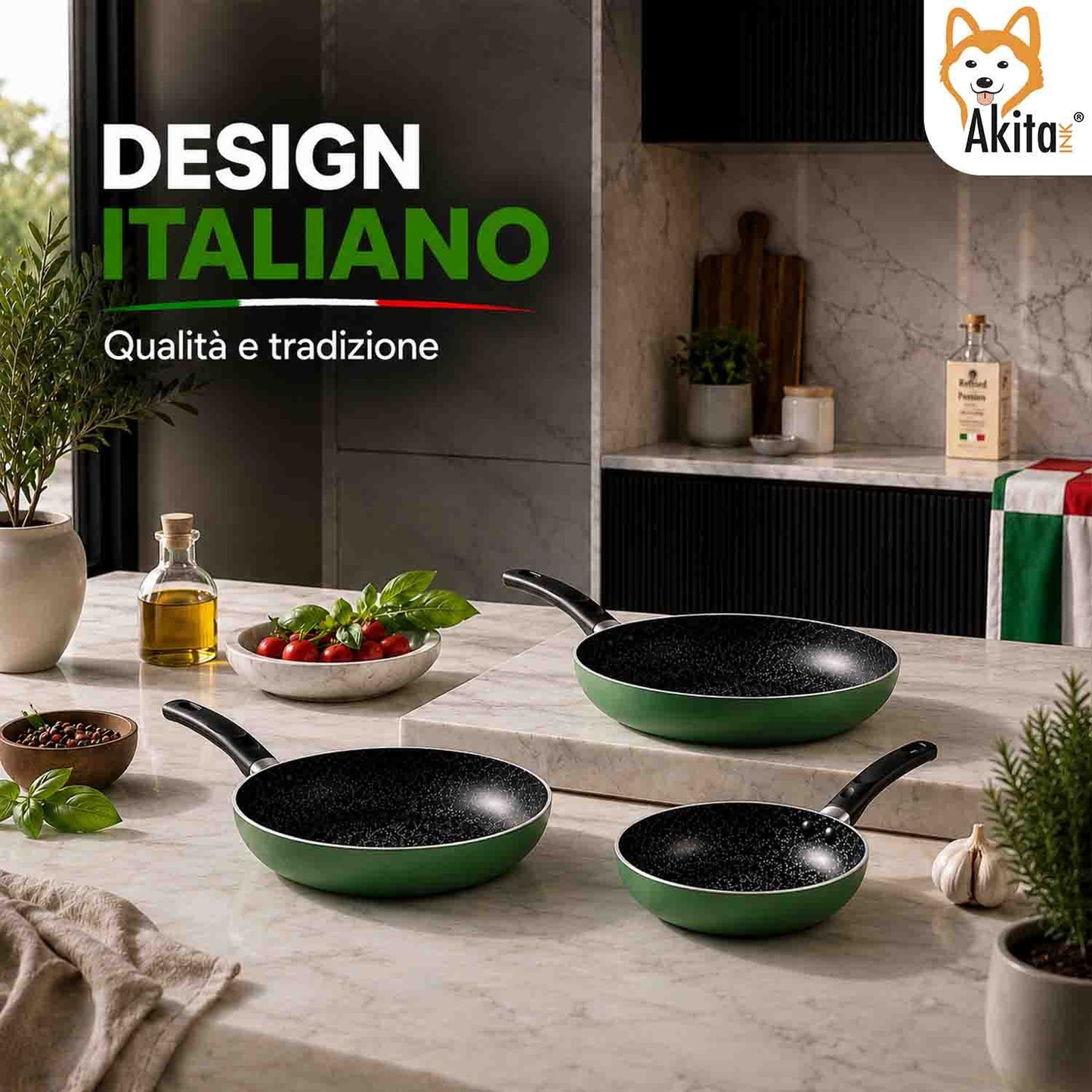 Akitaink Set 3 Padelle Antiaderenti Natura 20-24-28 cm Verde, Padelle in Alluminio con Rivestimento Antiaderente, Cottura Uniforme e Facile Pulizia