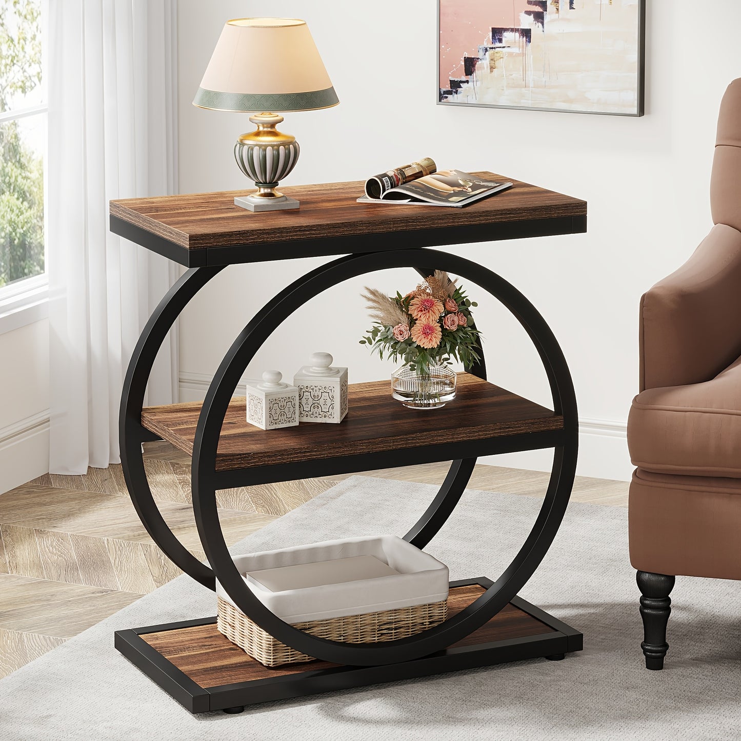 Comodino Laterale Moderno Industriale a 3 Livelli - Design Sottile Salvaspazio con 3 Ripiani di Archiviazione, Finitura in Rovere e Nero, Struttura Robusta in MDF E1 e Metallo, Facile Montaggio per Soggiorno, Camera da Letto, Ingresso