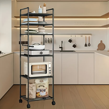 Carrello portaoggetti regolabile su ruote con 6 ripiani, dotato di ruote e ganci - Adatto per cucina, camera da letto, bagno, scaffalatura multifunzionale - Salvaspazio, scaffalatura multifunzionale | Design a scaffalatura aperta | Opzioni di archiviazion