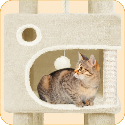 Torre per gatti beige, alta 159 cm con 8 tiragraffi, 3 livelli, 2 rifugi, un cesto, palline di peluche e corda in sisal, ideale per gatti di diverse dimensioni
