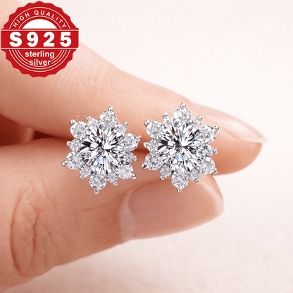 Orecchini argentati 925 per donna - Orecchini con zirconi a forma di fiore, eleganti orecchini a lobo argentati sterling scintillanti, regalo di gioielleria per donne
