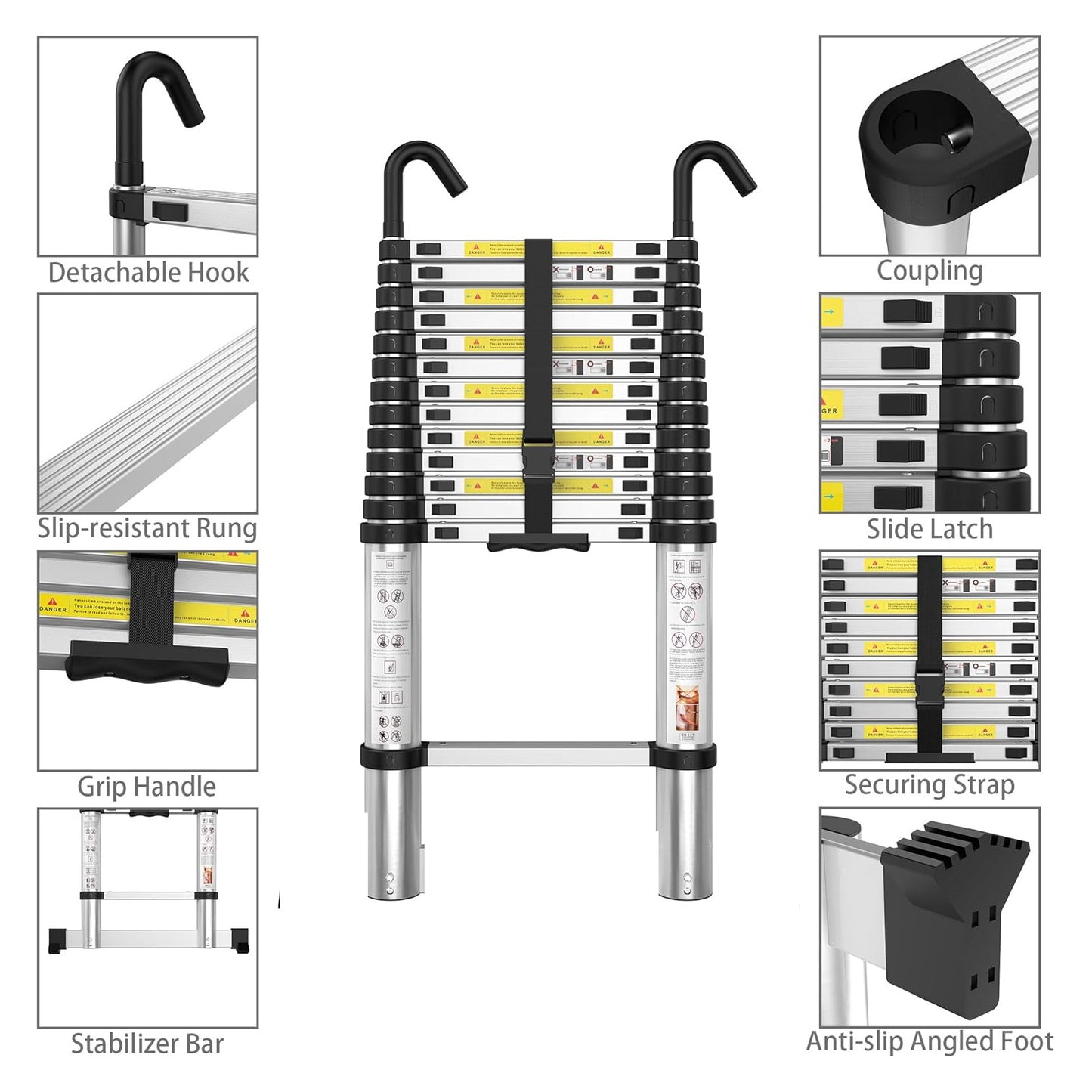 Scala Telescopica Portatile 5M con Estensione, Scala da Soffitto con Barra Stabilizzatrice e Ganci Rimovibili, Scala Pieghevole Portatile Estensibile Multiuso, Scala Pieghevole Robusta