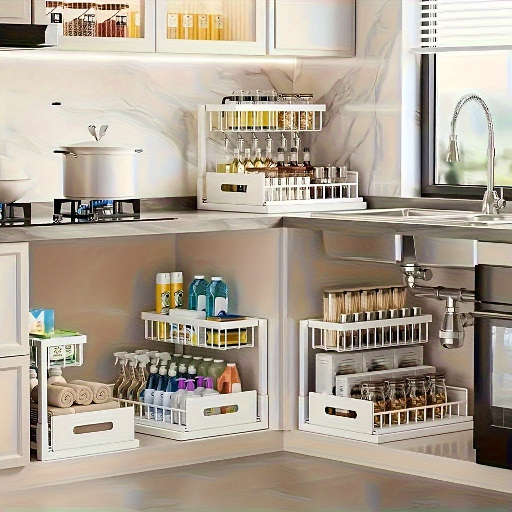 1 pz di scaffale regolabile sottolavello, un ripiano estraibile in metallo progettato per risparmiare spazio con un organizer a doppio strato per armadietti da cucina, perfetto per organizzare e smontare la zona del lavello. Questo moderno ripiano da cuci