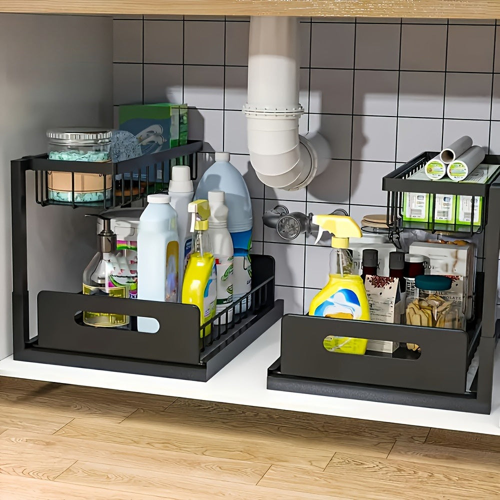 1 pz di scaffale regolabile sottolavello, un ripiano estraibile in metallo progettato per risparmiare spazio con un organizer a doppio strato per armadietti da cucina, perfetto per organizzare e smontare la zona del lavello. Questo moderno ripiano da cuci