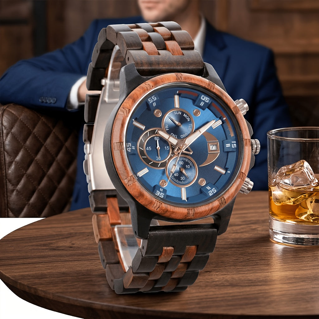 Orologi da Polso in Legno per Uomo, Orologi al Quarzo alla Moda con Data, Settimana e Ora, Scatola in Legno per Lui