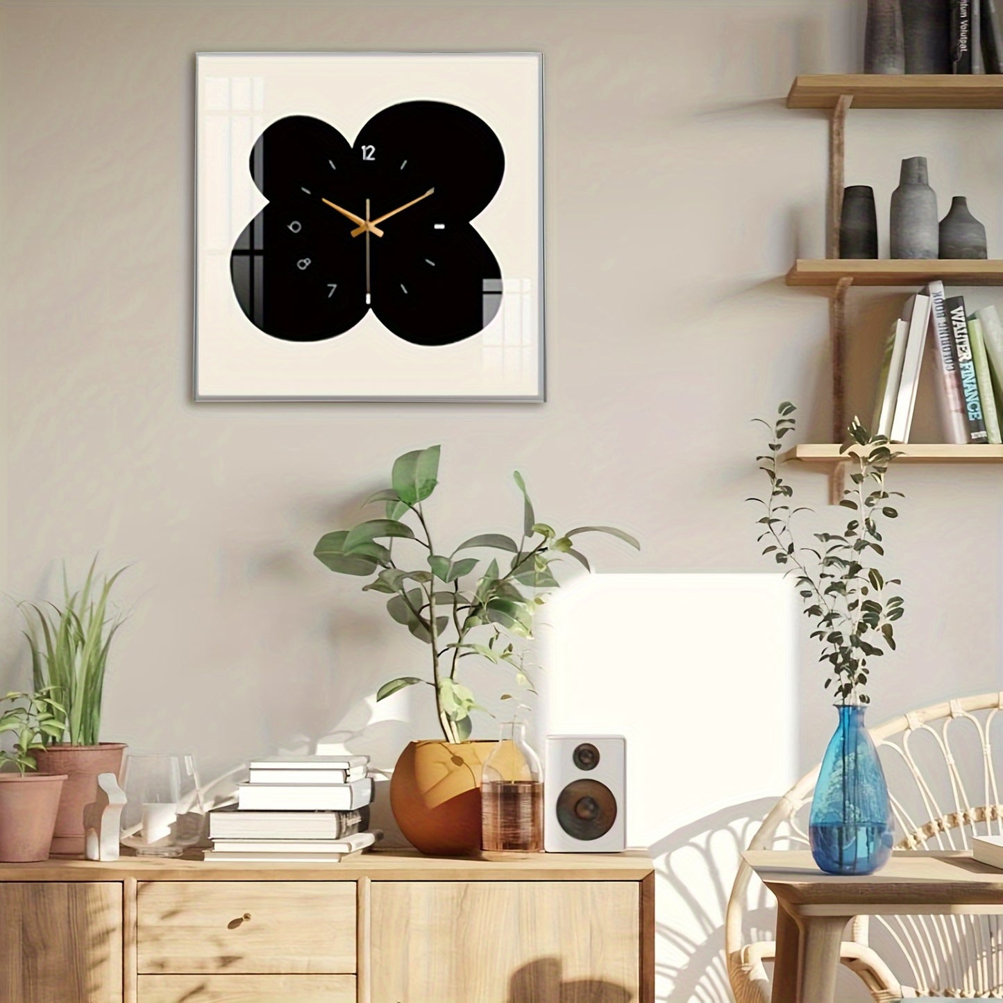Orologio da Parete Floreale Nero - Opera d'Arte Unica Realizzata a Mano | Orologio Quadrato in Vetro da 12 Pollici | Movimento Silenzioso Senza Ticchettio | Alimentato a Batteria | Arredamento Moderno per la Casa | Ideale per Soggiorni, Camere da Letto e