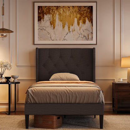 Letto Singolo Imbottito con Testiera Alata e Struttura a Piattaforma | 90x200 cm | Design Moderno | Grigio Scuro | Struttura per Letto Singolo