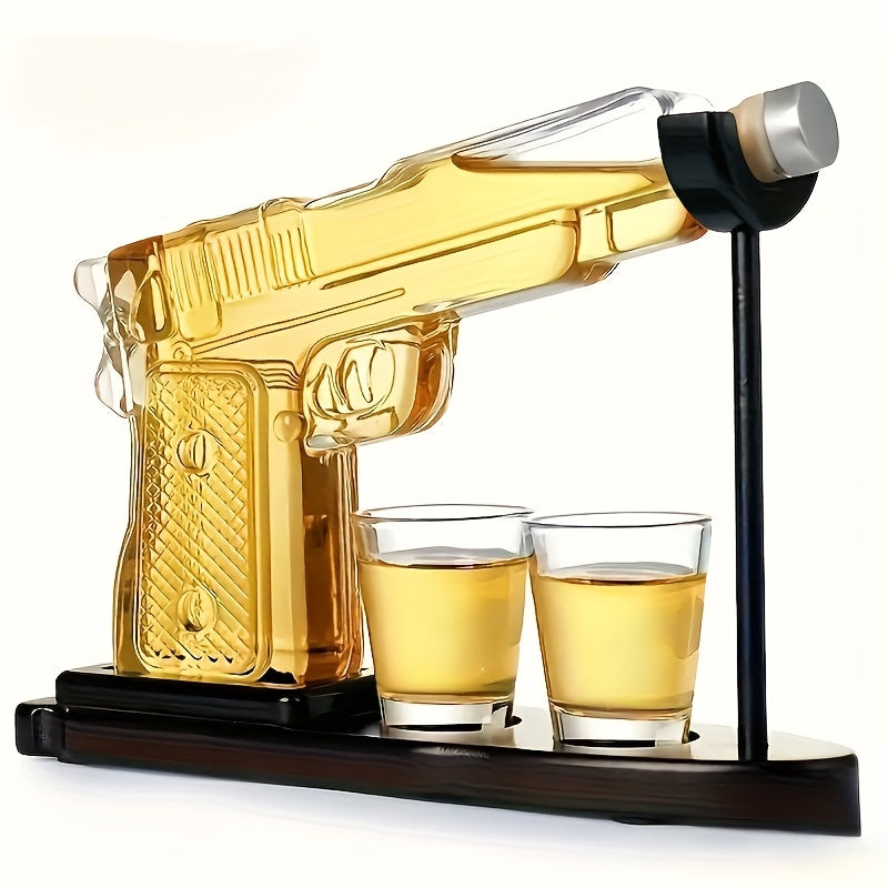 Set, caraffa da whisky da 230 ml/7.78 oz e due bicchieri da vino rosso da 50 ml/1.69 oz con base in legno, set pistola per whisky e vino, combinazione di caraffe in vetro, shaker da cocktail originale, regalo per fidanzato, papà o fratello