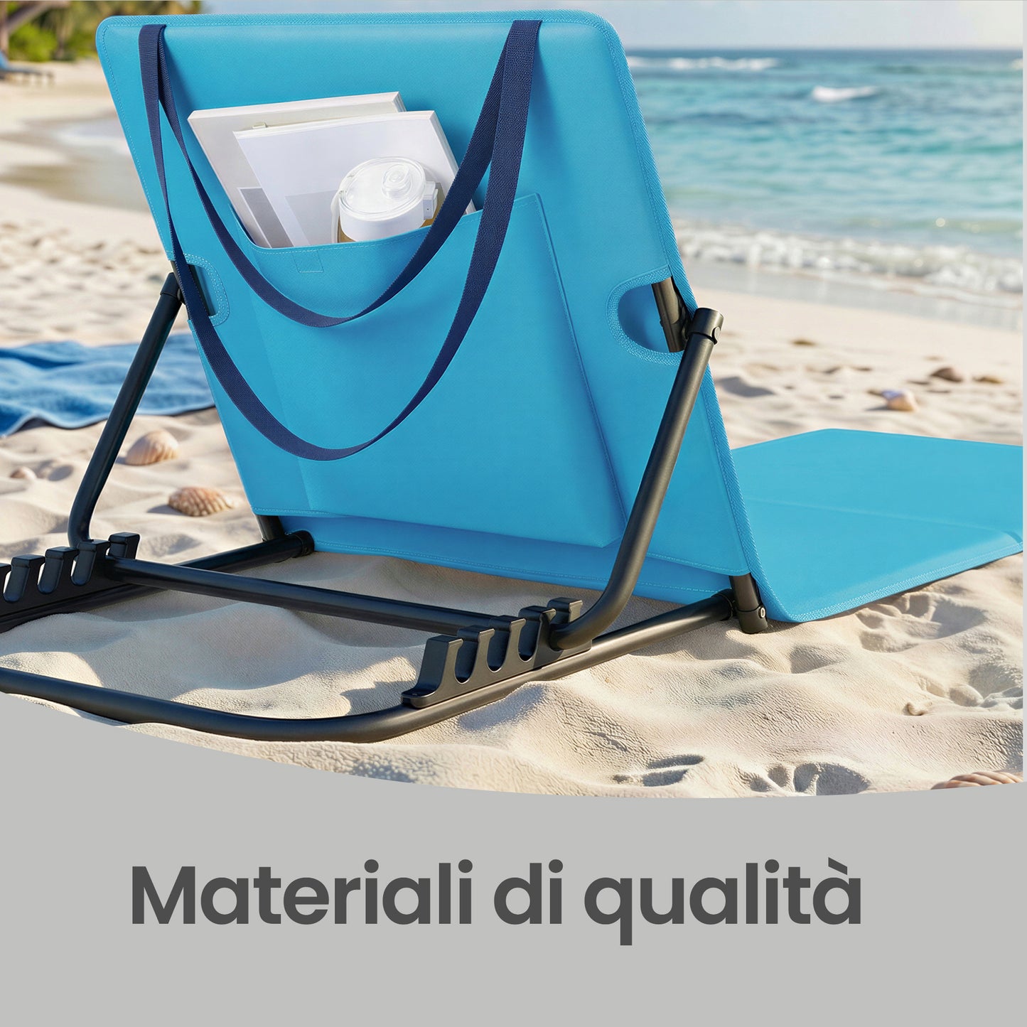 Lettino da Spiaggia, Sedia a Sdraio, Lettino Prendisole, Cuscino, Schienale Inclinabile, Portatile con Manico, per Campeggio Giardino Piscina, 158 x 55 cm, Grigio Ardesia/Azzurro Cielo/Blu Turchino/Grigio