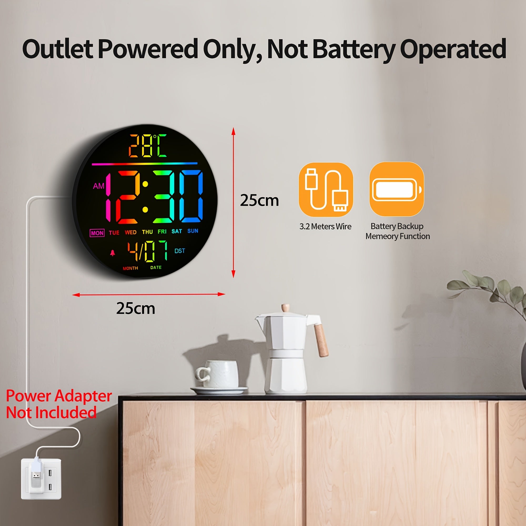 Orologio da Parete Digitale - 25cm/10 11 Luminosità Automatica Colore RGB, Temperatura, Data e Giorno, DST Automatico, Luci Notturne Senza Ticchettio, Orologio da Parete Elettrico a LED Moderno per Camera da Letto, Soggiorno