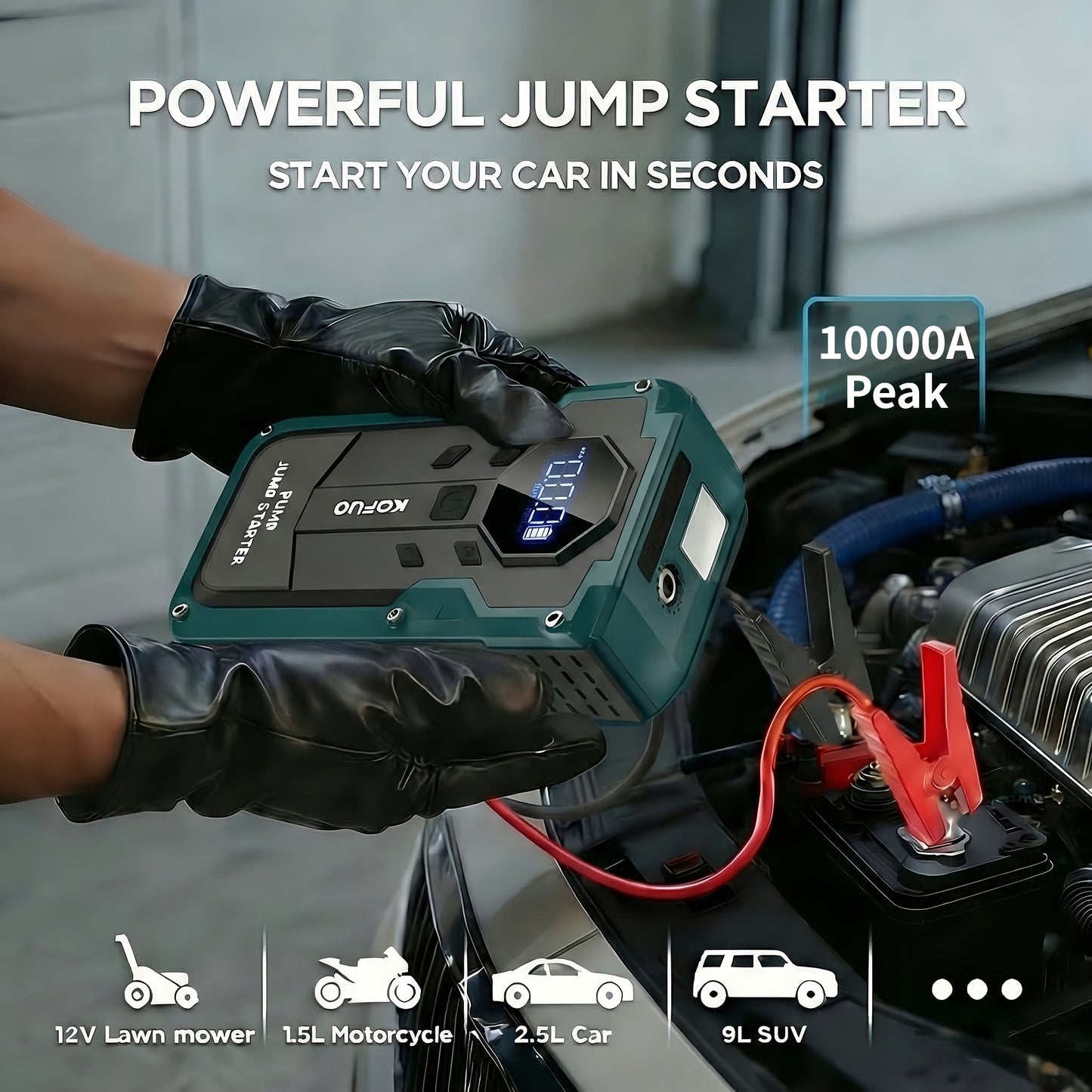 KOPUO 7000A Avviatore di emergenza portatile per auto/Avviatore di emergenza 10000A con compressore d'aria da 150PSI, Booster di batteria di emergenza 12V fino a motori a benzina da 10L/diesel da 8.0L, Power bank 9-in-1 con display LCD e luci LED