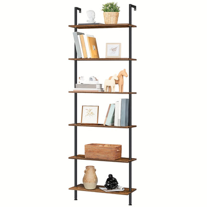 Libreria fai da te a 6 ripiani, scaffale a scala industriale, scaffalatura in truciolato, scaffalatura verticale da pavimento, con telaio di stabilizzazione in metallo, per ufficio domestico, soggiorno, marrone scuro