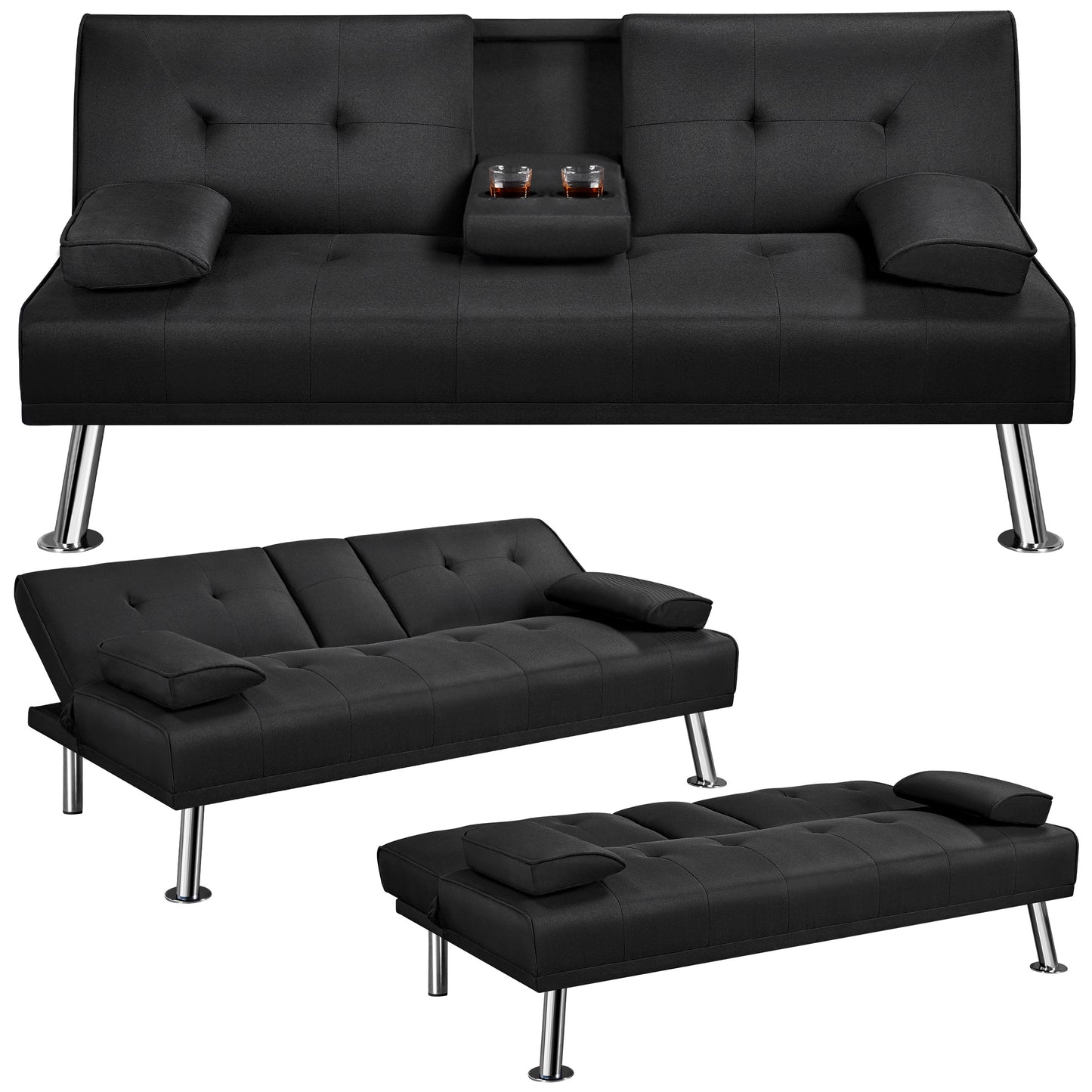 Costoffs Divano Letto a 3 Posti Divano Trasformabile con 2 Braccioli Staccabili Mobile Imbottito con Supporto Centrale Porta Bicchieri Divanetto Reclinabile da Salotto