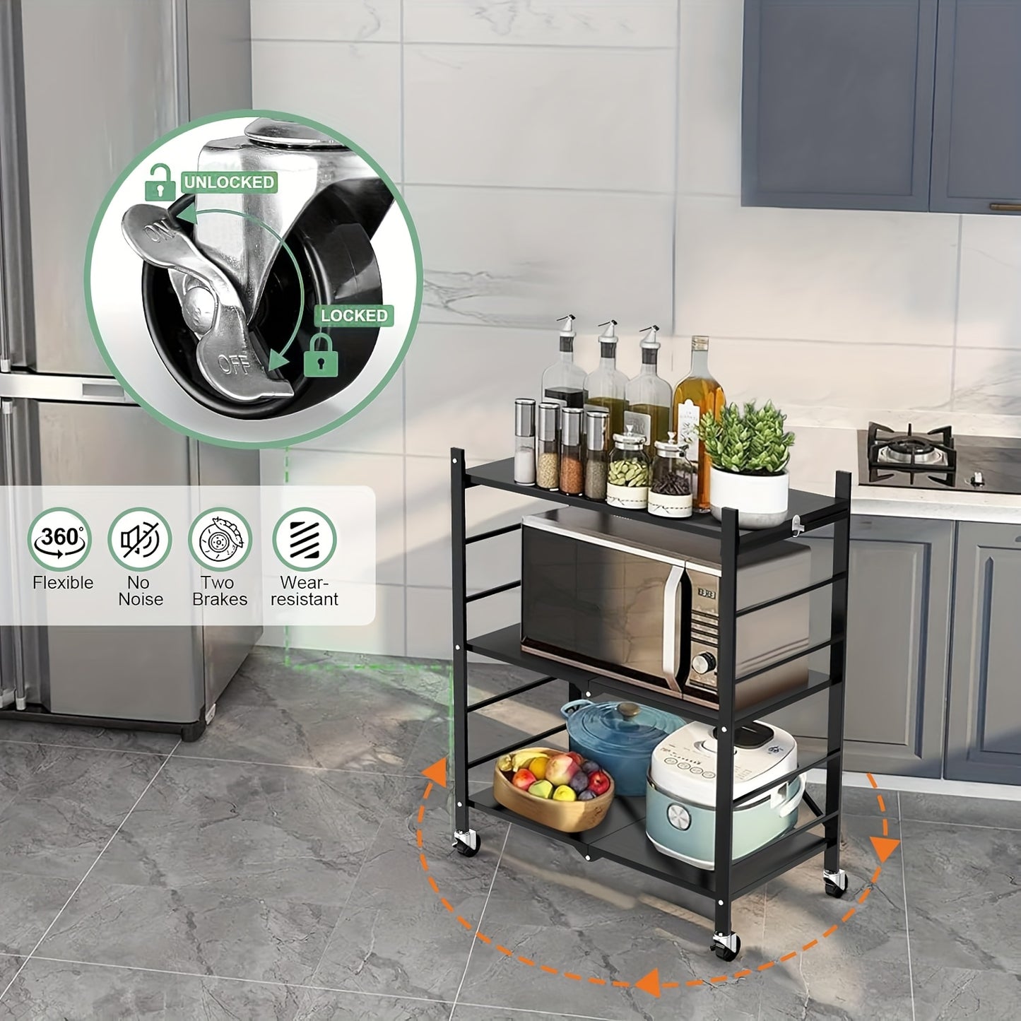 Scaffale da cucina dorato a 3 ripiani con ruote, scaffale pieghevole, scaffale da cucina mobile, scaffale verticale, nessuna installazione richiesta, scaffale da cucina e carrello mobile, adatto per dispensa o ufficio (Nero, Bianco)