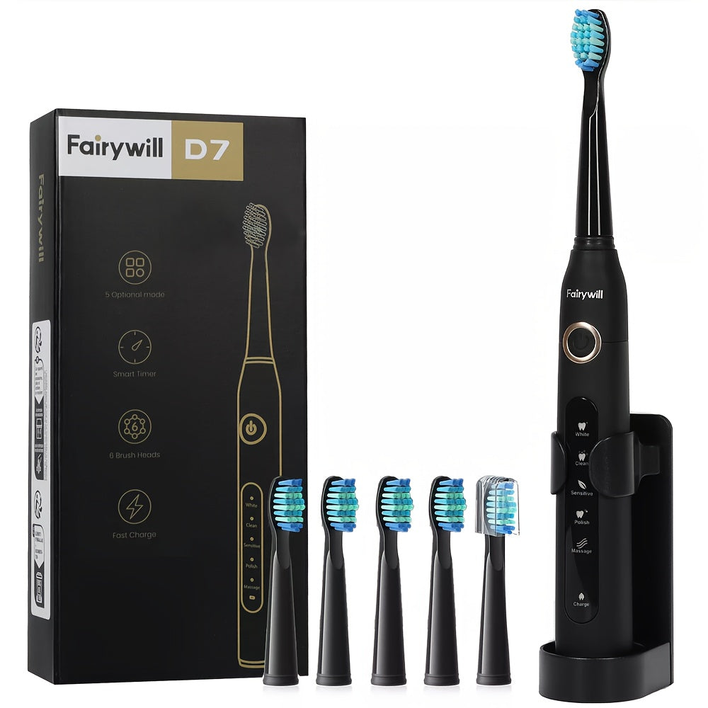 Fairywill Spazzolino Elettrico per Adulti, Ricaricabile USB con Testine, 5 Modalità di Pulizia, Timer, Ricarica Rapida in 3 Ore