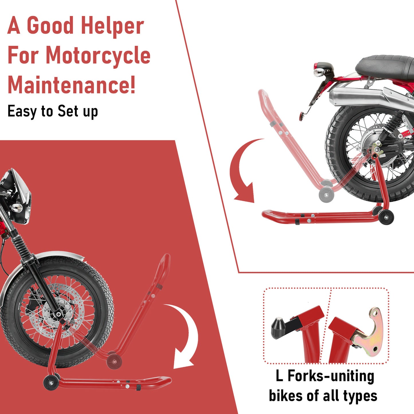 Cavalletto per moto anteriore/trasversale, cavalletto di assemblaggio per moto fino a 300 kg, sollevatore per moto, cavalletto a bilanciere per moto con doppia ruota, cavalletto per moto ad alta stabilità (Nero/Rosso)