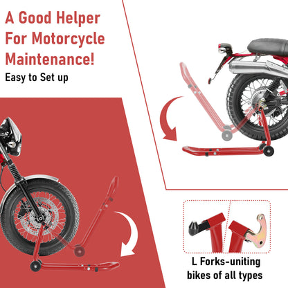 Cavalletto per moto anteriore/trasversale, cavalletto di assemblaggio per moto fino a 300 kg, sollevatore per moto, cavalletto a bilanciere per moto con doppia ruota, cavalletto per moto ad alta stabilità (Nero/Rosso)