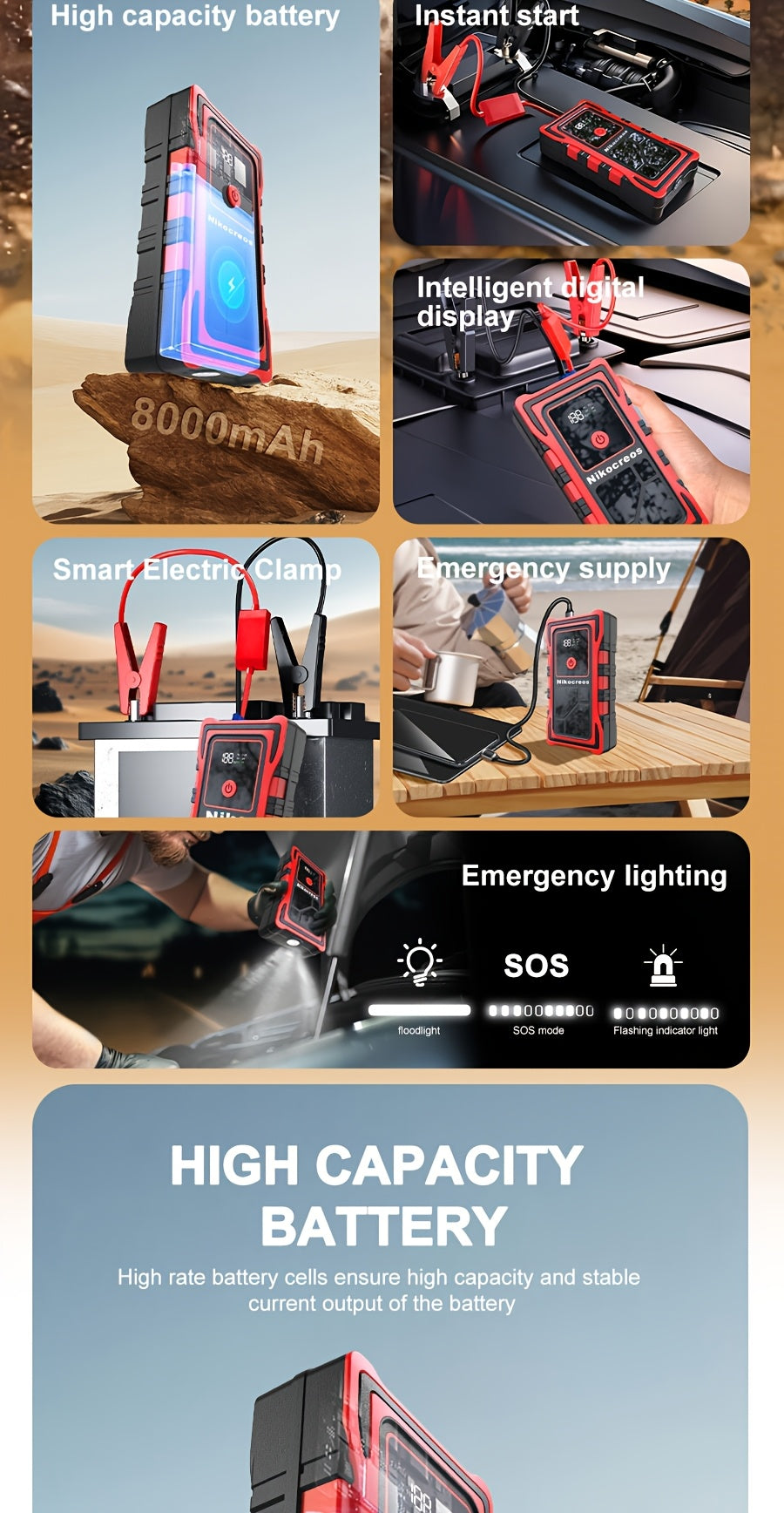 Avviatore d'emergenza per auto 6000A-8000A, display a LED, torcia a LED, ricarica rapida USB, batteria integrata ad alta capacità, portatile e facile da usare, avviatore per auto