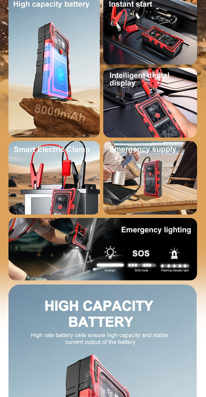 Avviatore d'emergenza per auto 6000A-8000A, display a LED, torcia a LED, ricarica rapida USB, batteria integrata ad alta capacità, portatile e facile da usare, avviatore per auto