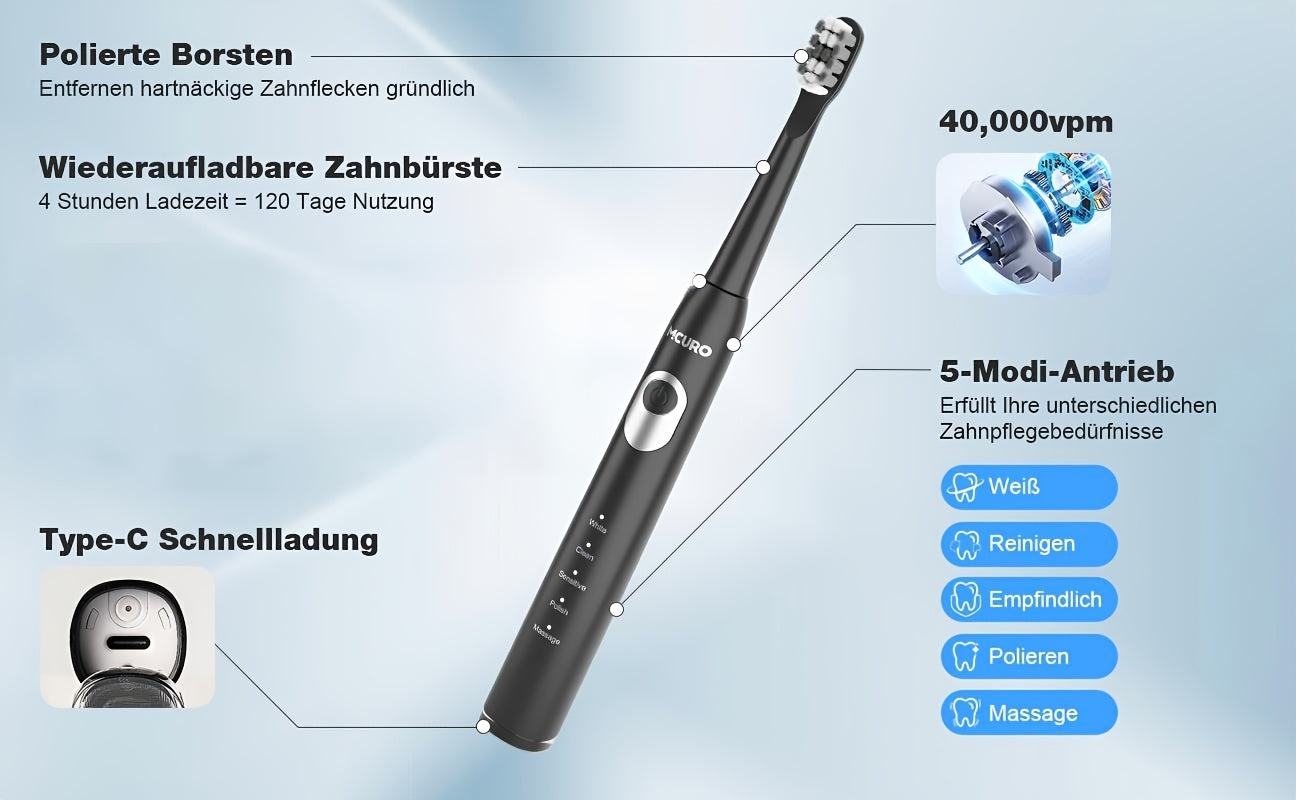 Spazzolino elettrico sonico per adulti con modalità intelligenti e ricaricabile USB, tecnologia a onde sonore adatta a denti e gengive sensibili, setole morbide, 6 testine, custodia da viaggio e supporto da parete, adatto per viaggi, regali di Natale