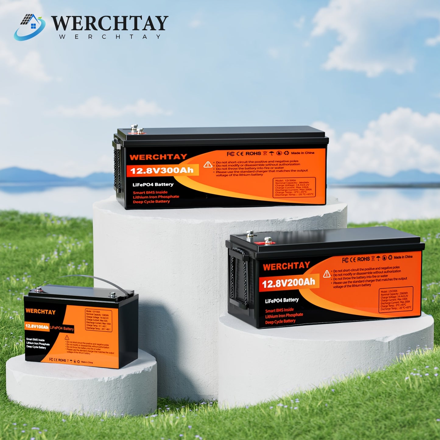 Batteria WERCHTAY 12.8V LiFePO4 300/200/100Ah, Dotata di Celle di Batteria di Grado A+, Oltre 25000 Cicli di Scarica Profonda, Protezione Intelligente BMS da Sovraccarica/Sottocarica, per Accumulo Energetico Domestico, Camper da Esterno, Applicazioni Sola