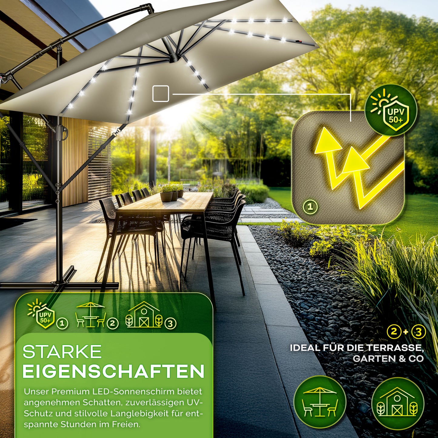 Tillvex® Tenda da Sole Rettangolare in Alluminio con LED Solare Ø 330 Cm + Copertura con Manovella | Ombrello Angolare con Luce Stradale, Supporto e Parabrezza | Grande Ombrello da Giardino in Alluminio con Protezione UV | Ombrello con Manovella, Ombrello