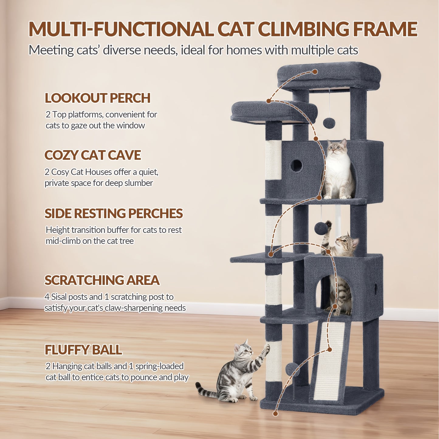 Grande Albero per Gatti, 152cm Tiragraffi, Robusto Albero per Gatti Grandi con Tiragraffi in Sisal, Tavola per Graffiare, 2 Comode Casetta per Gatti, 2 Piattaforme, Pompon, Area Riposo