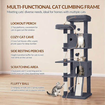 Grande Albero per Gatti, 152cm Tiragraffi, Robusto Albero per Gatti Grandi con Tiragraffi in Sisal, Tavola per Graffiare, 2 Comode Casetta per Gatti, 2 Piattaforme, Pompon, Area Riposo