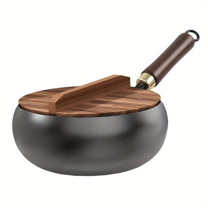 1 Pentola Grande in Ferro con Coperchio e Manico in Legno, con Distribuzione Rapida e Uniforme del Calore. Pentola Profonda con Rivestimento Antiaderente, Perfetta per Saltare in Padella in Modo Sano, Casseruola per Cuocere a Fuoco Lento le Zuppe