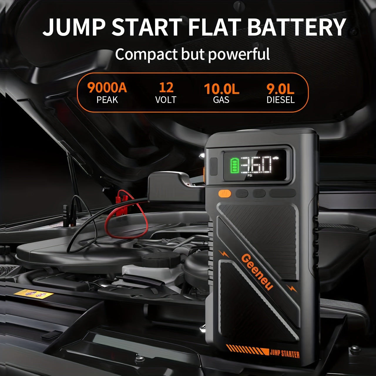 Avviatore di emergenza 9000A con compressore d'aria, scatola di avviamento di emergenza, (fino a tutti i motori a benzina e diesel da 9.0L) avviatore di emergenza per auto 12V, booster per batteria auto, power bank da 20000mAh con torcia a LED, schermo gr