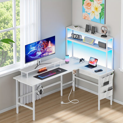 Scrivania da gaming a L con luce LED e presa di corrente - Scrivania da gamer, scrivania per computer reversibile da 59/67 pollici con ripiani portaoggetti e cassetto e borsa, tavolo da gioco angolare con supporto per monitor, ufficio domestico, regali pe